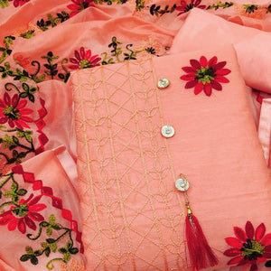 Orange Floral Embroidered Chanderi Dress Material - Peachmode