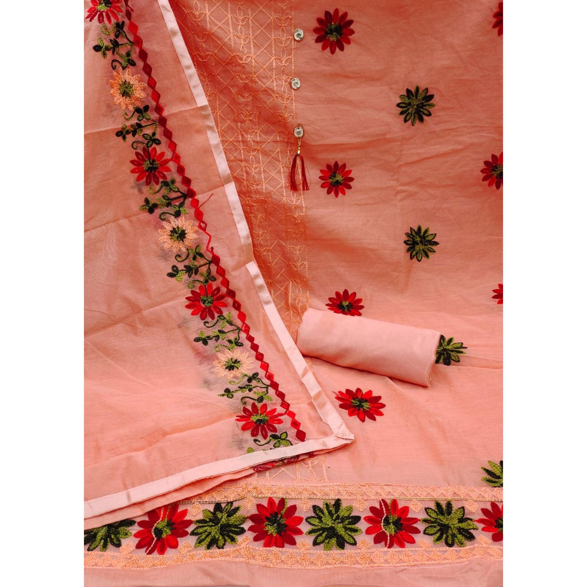 Orange Floral Embroidered Chanderi Dress Material - Peachmode