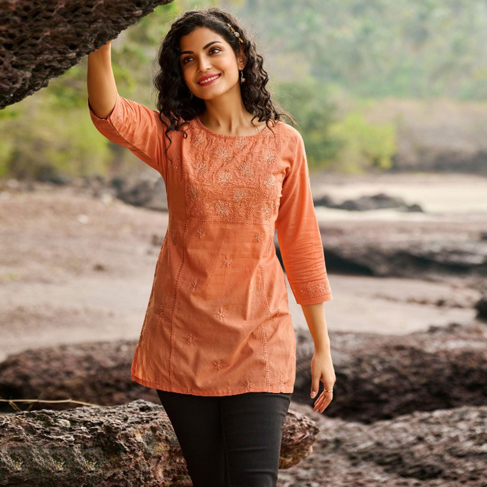 Orange Floral Embroidered Cotton Top - Peachmode