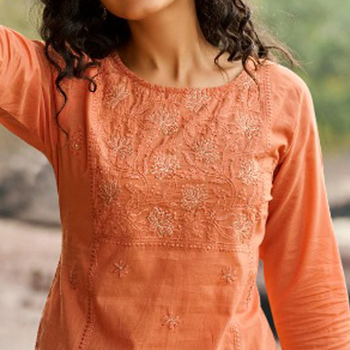 Orange Floral Embroidered Cotton Top - Peachmode