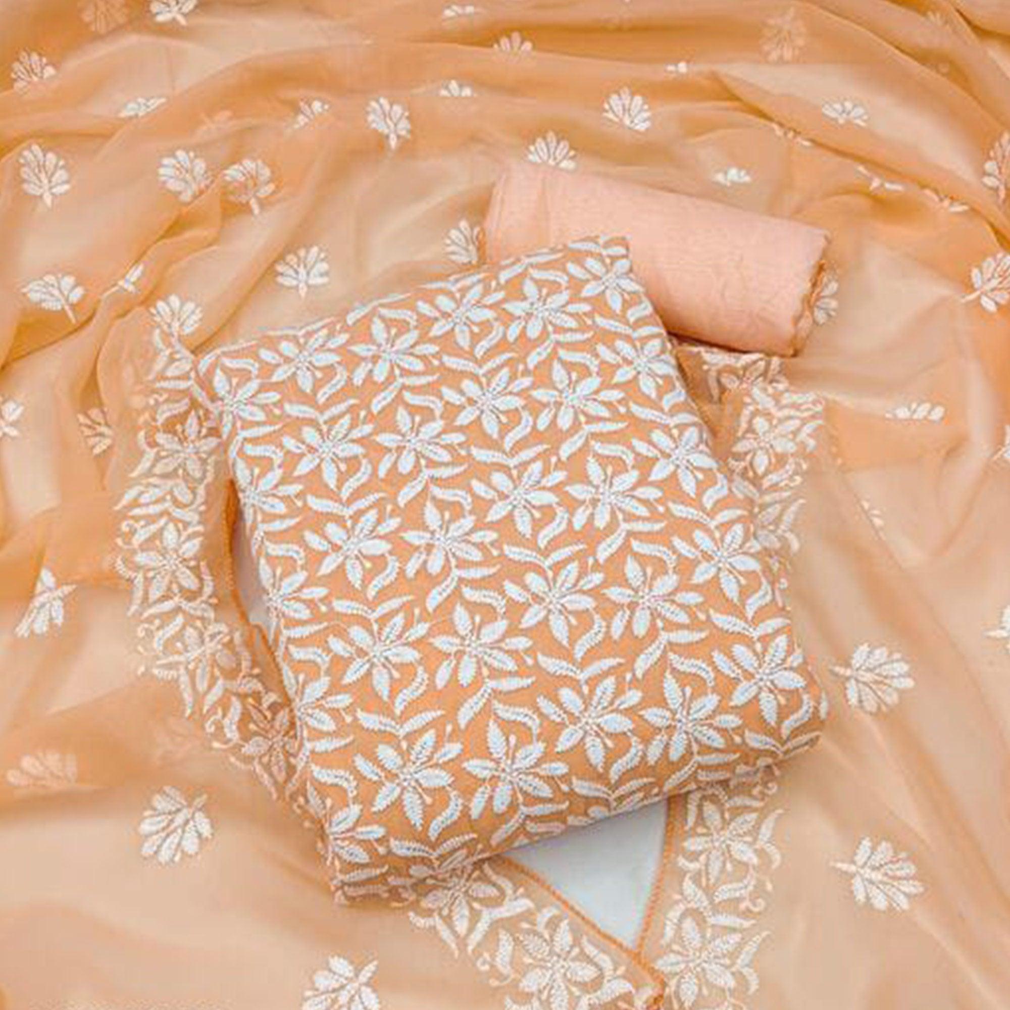 Orange Floral Embroidered Georgette Dress Material - Peachmode