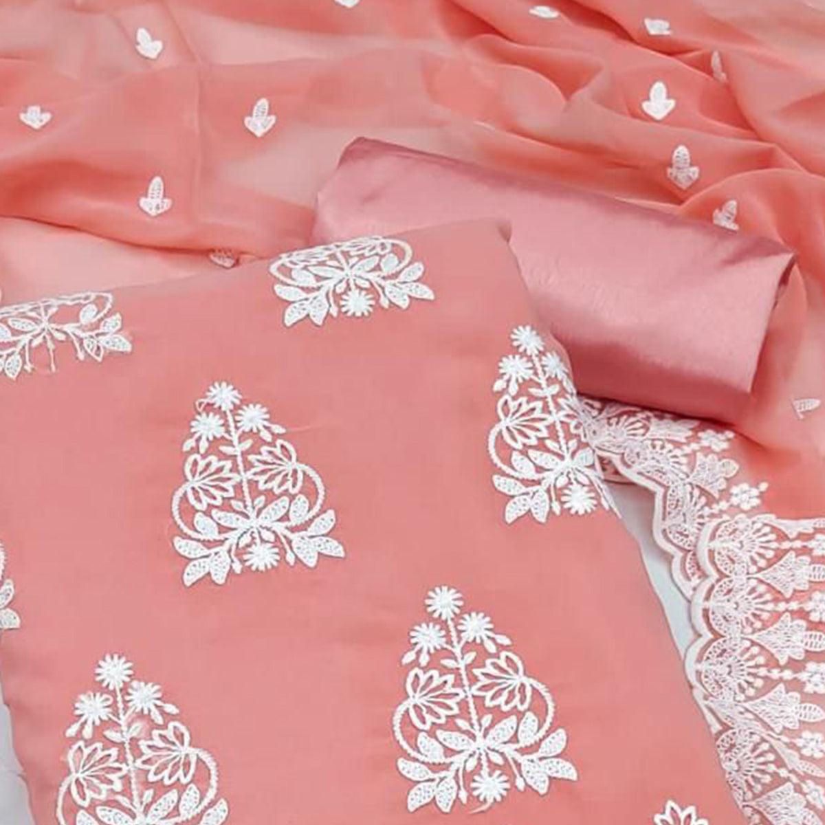 Orange Floral Embroidered Georgette Dress Material - Peachmode