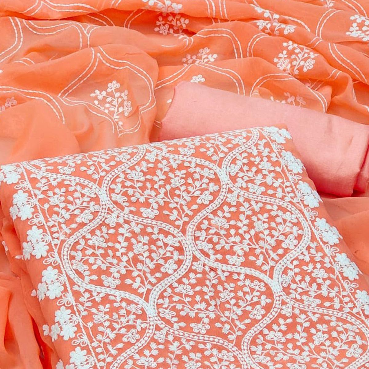 Orange Floral Embroidered Georgette Dress Material - Peachmode