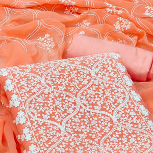 Orange Floral Embroidered Georgette Dress Material - Peachmode
