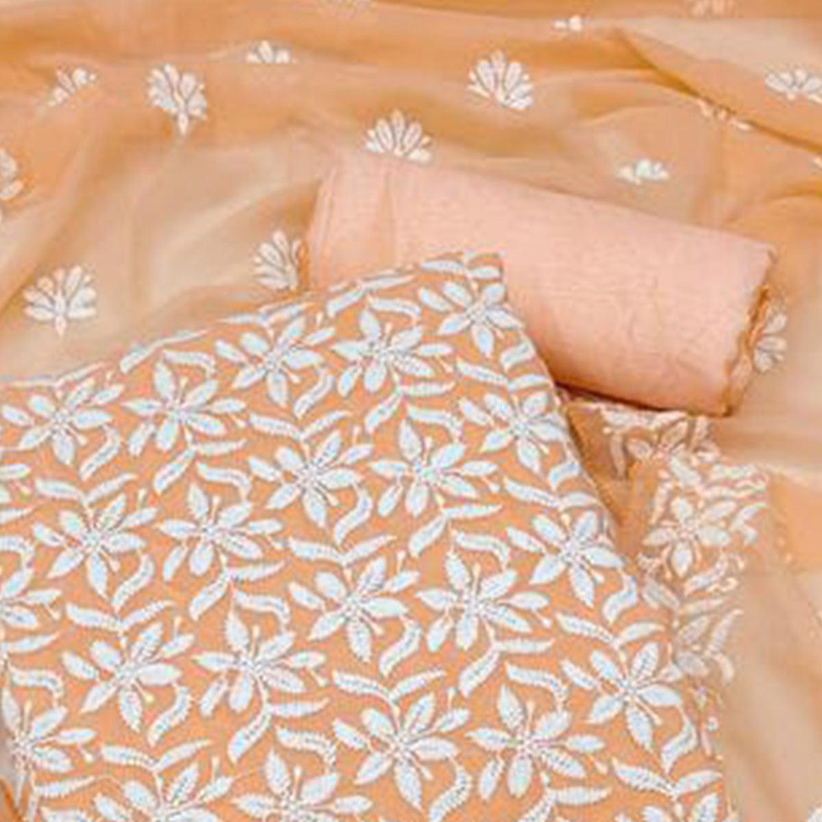 Orange Floral Embroidered Georgette Dress Material - Peachmode