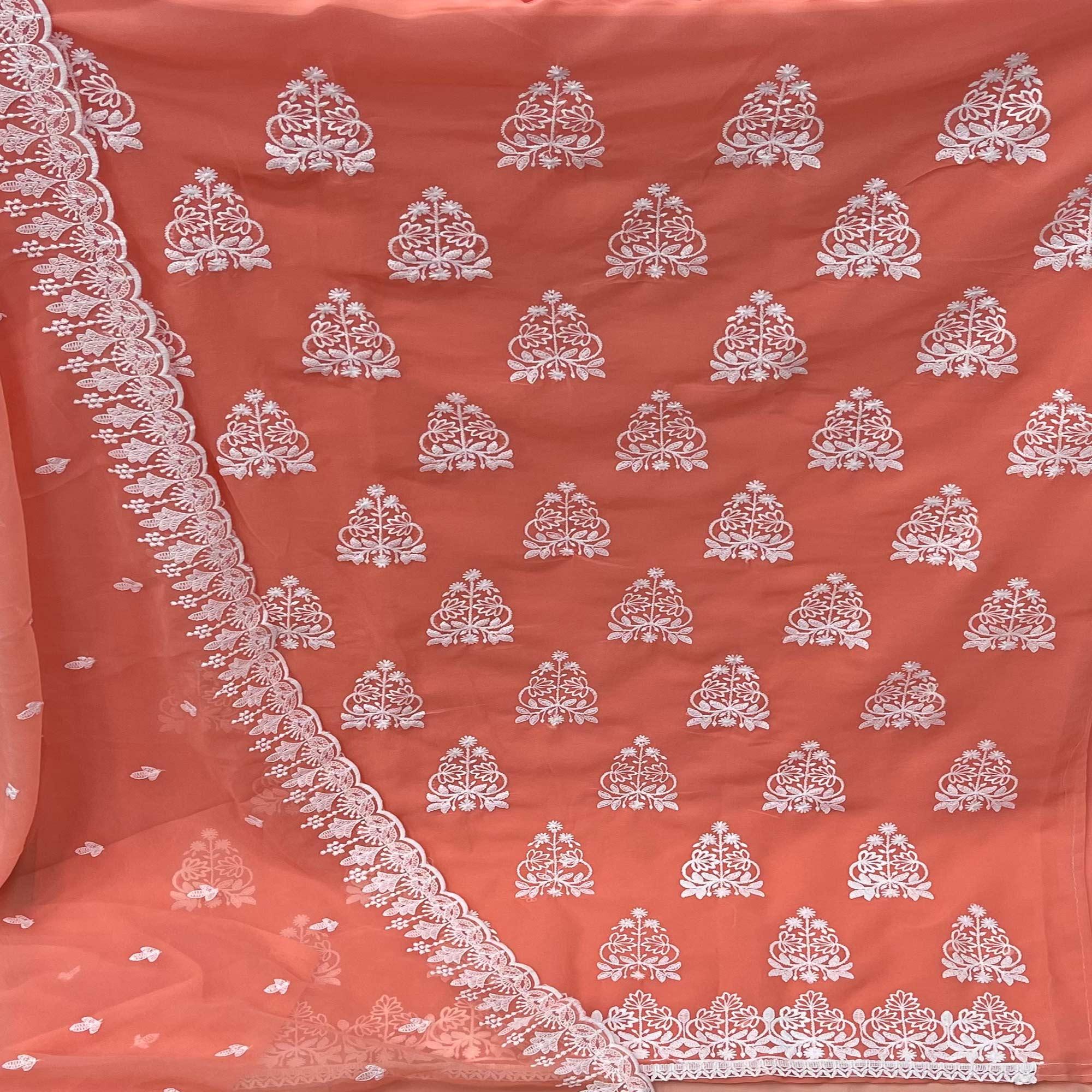 Orange Floral Embroidered Georgette Dress Material - Peachmode