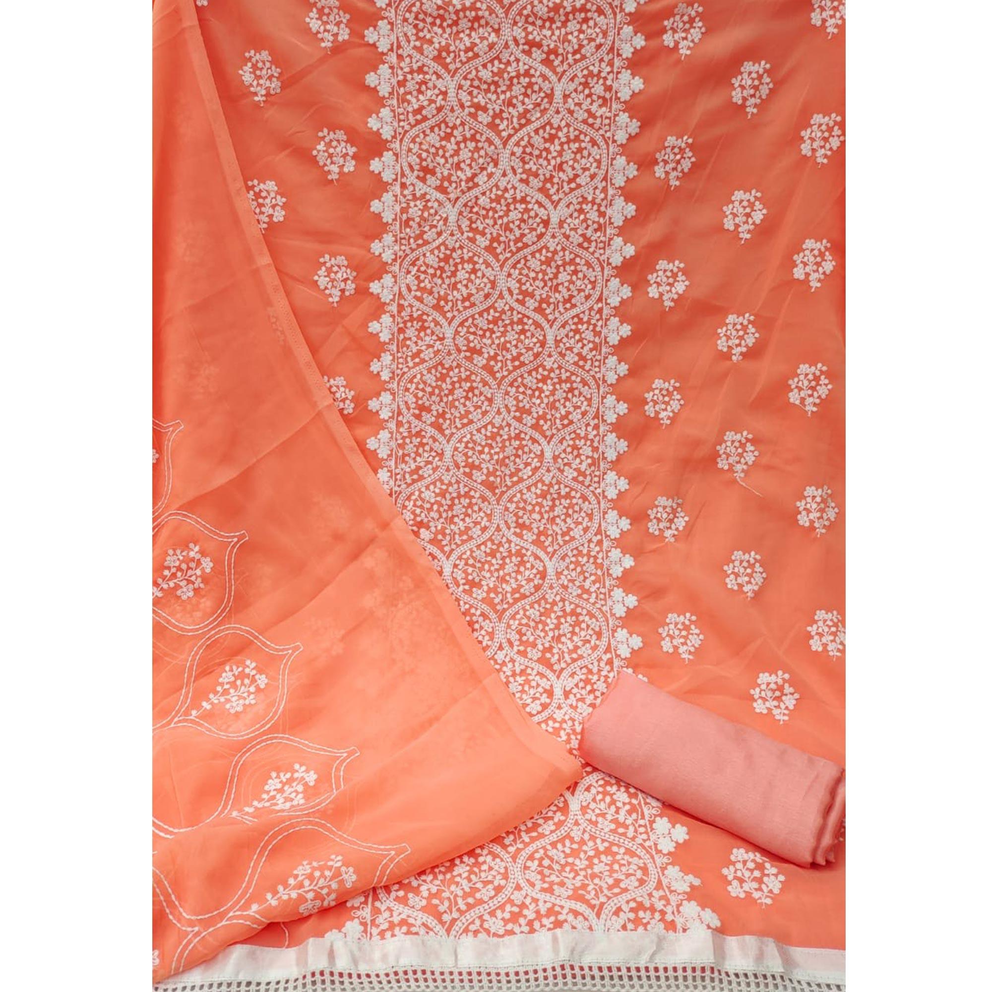 Orange Floral Embroidered Georgette Dress Material - Peachmode