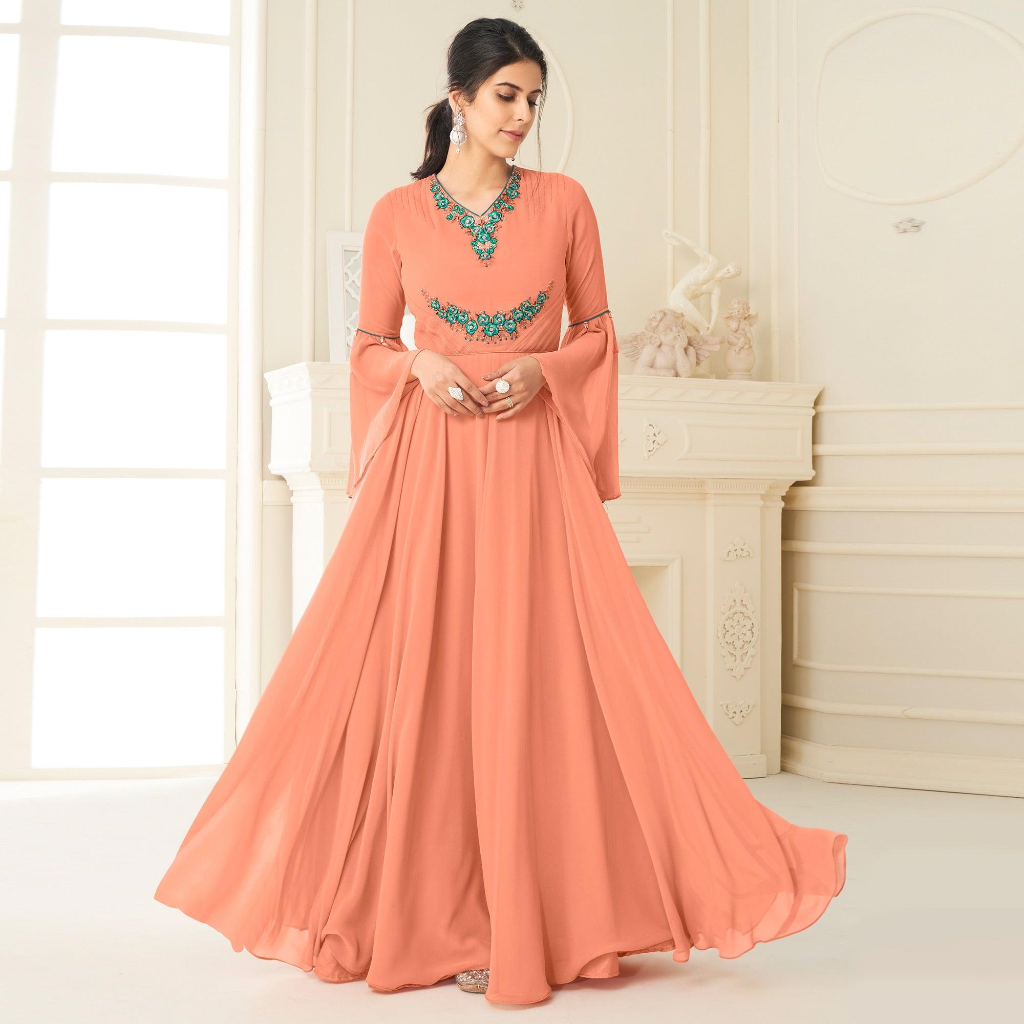 Orange Floral Embroidered Georgette Gown - Peachmode