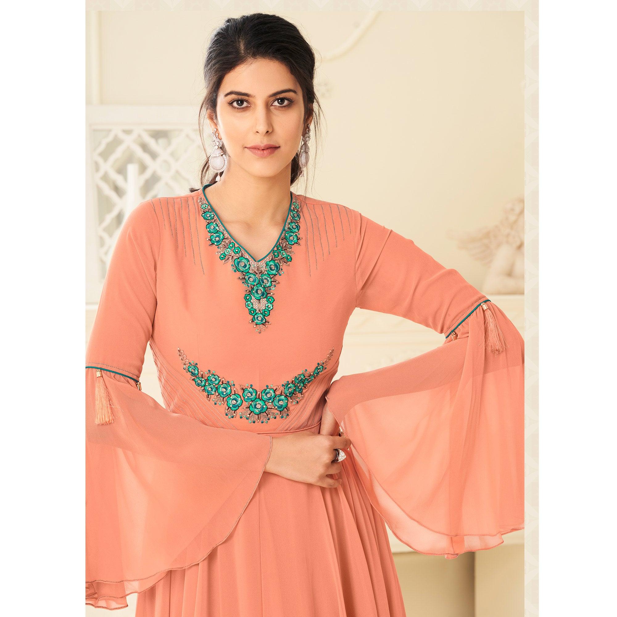 Orange Floral Embroidered Georgette Gown - Peachmode