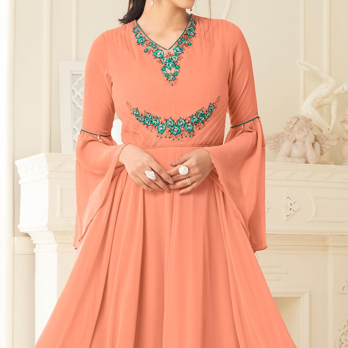 Orange Floral Embroidered Georgette Gown - Peachmode