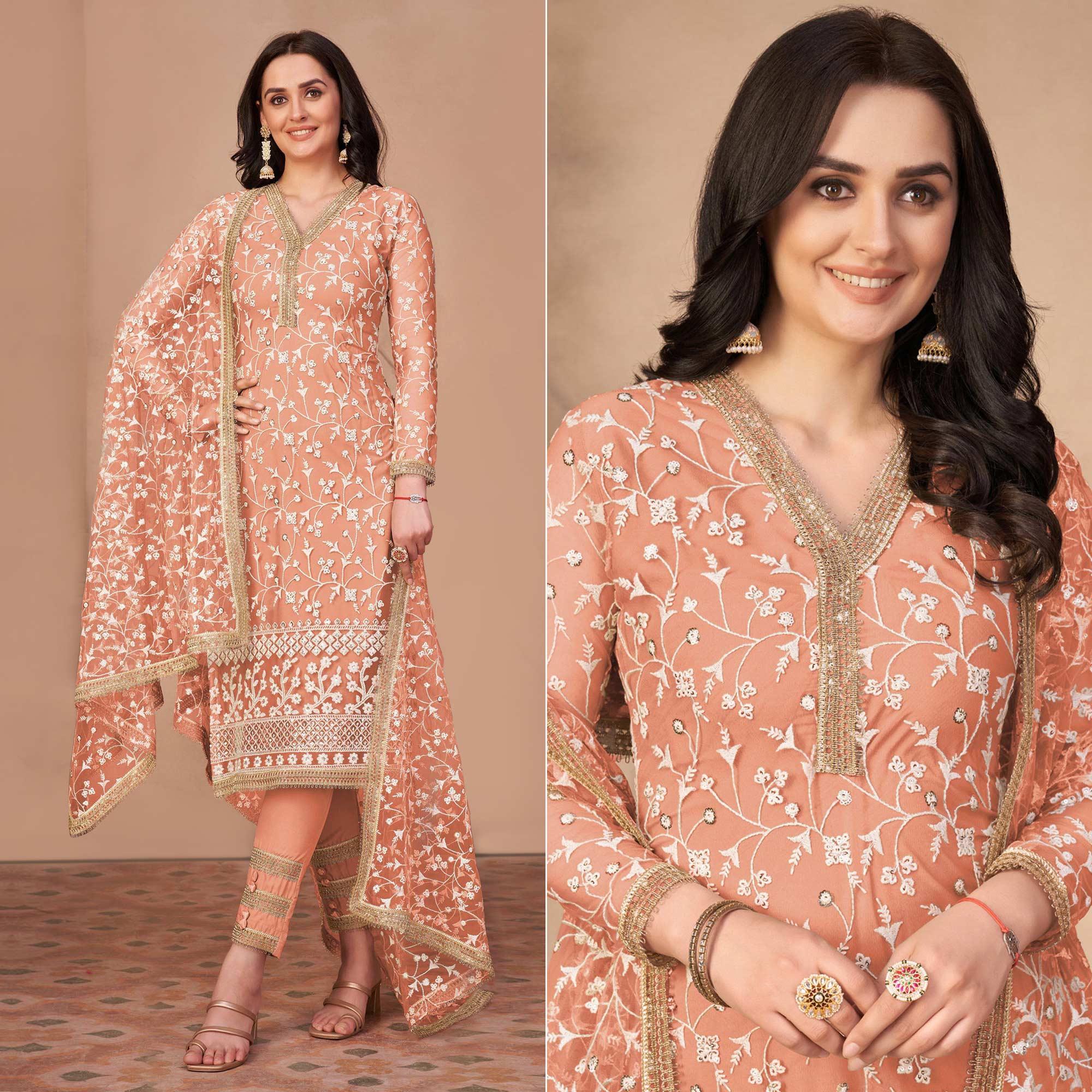 Orange Floral Embroidered Netted Suit - Peachmode