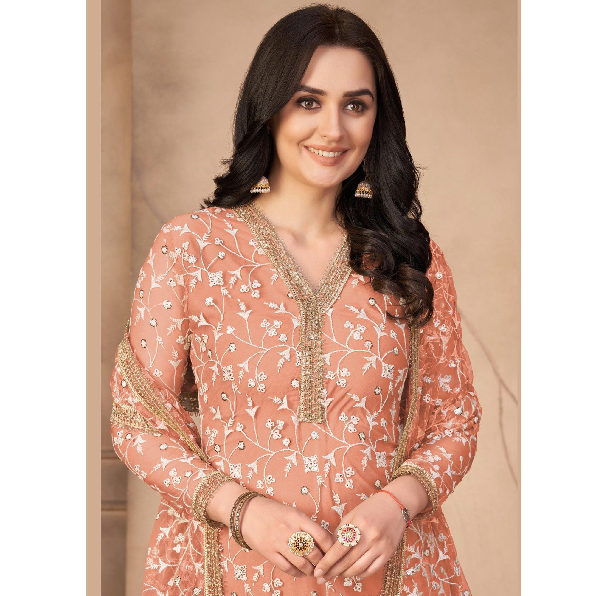 Orange Floral Embroidered Netted Suit - Peachmode