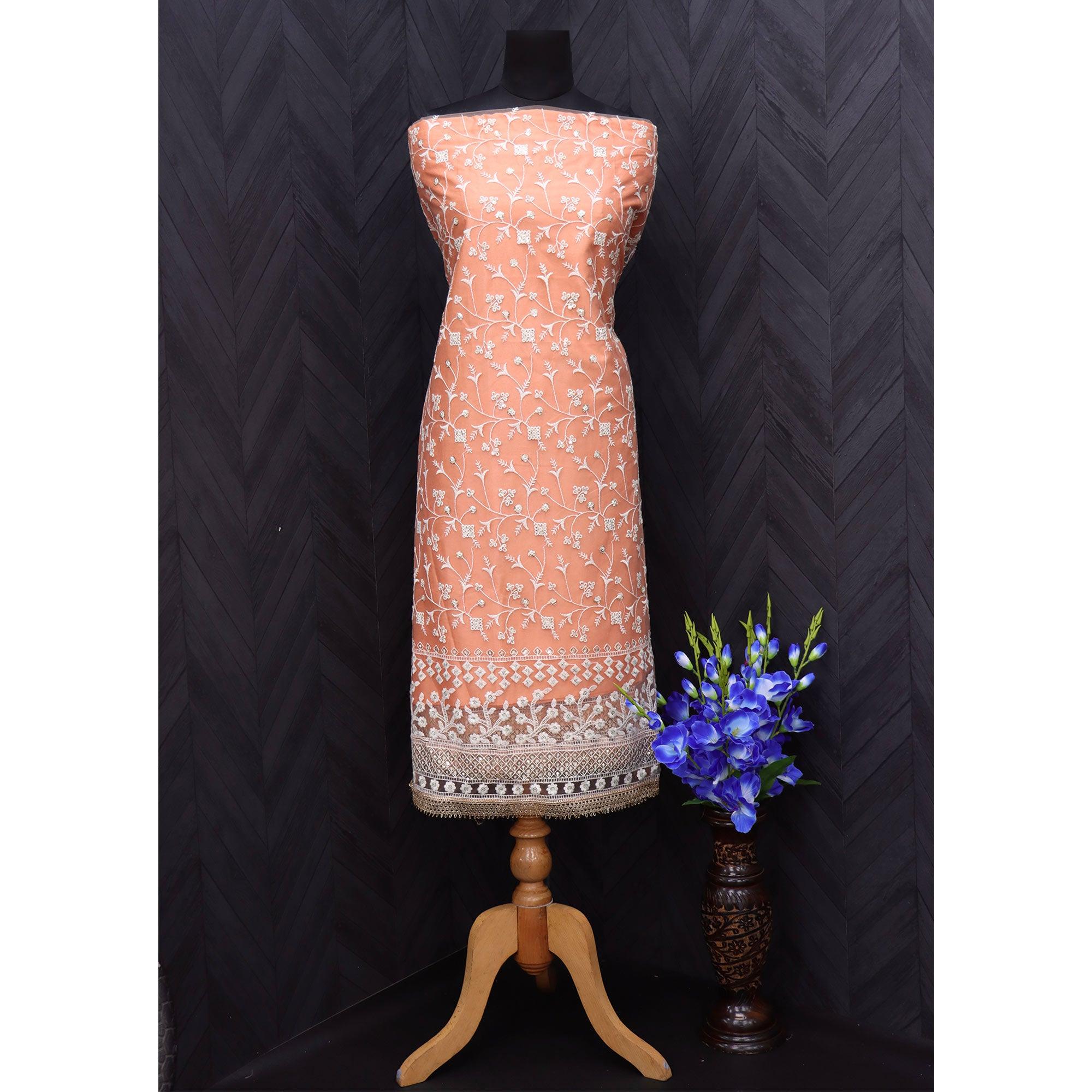 Orange Floral Embroidered Netted Suit - Peachmode