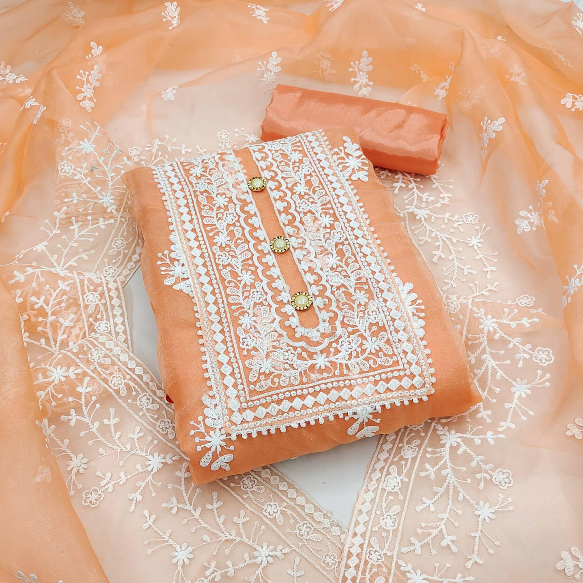 Orange Floral Embroidered Organza Dress Material - Peachmode