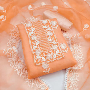 Orange Floral Embroidered Organza Dress Material - Peachmode