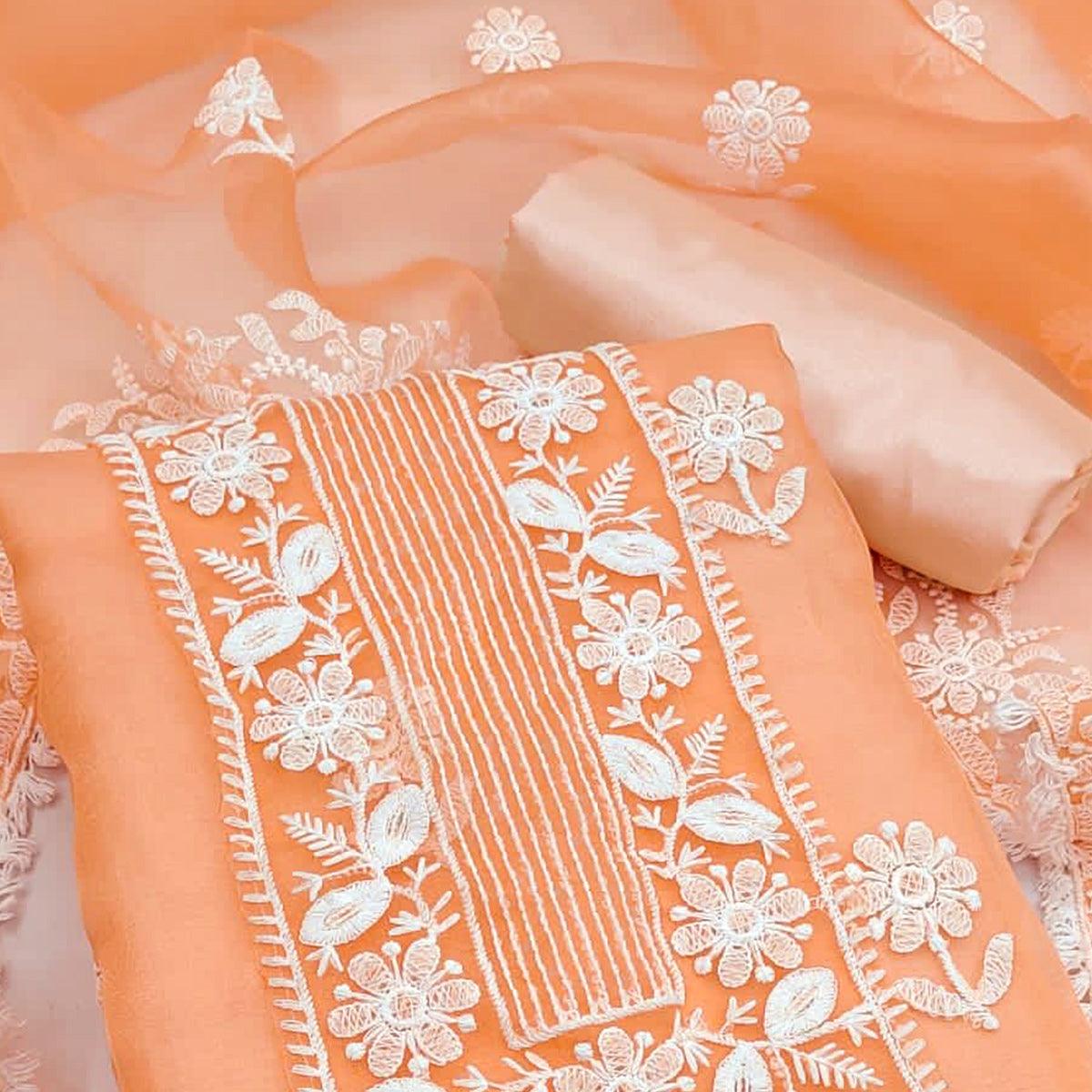 Orange Floral Embroidered Organza Dress Material - Peachmode