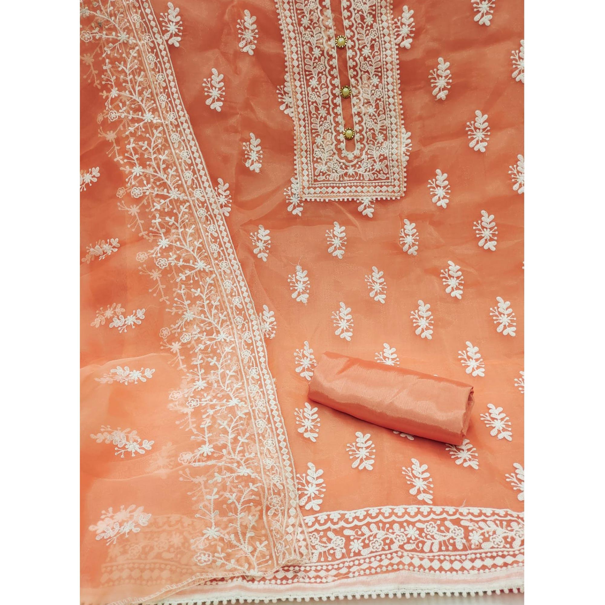 Orange Floral Embroidered Organza Dress Material - Peachmode