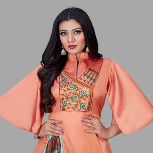 Orange Floral Embroidered Tapetta Silk Gown - Peachmode