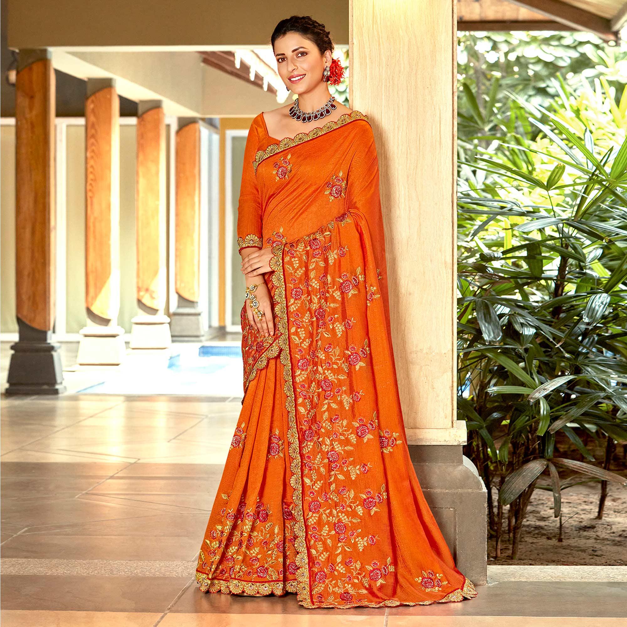 Orange Floral Embroidered Vichitra Silk Saree - Peachmode