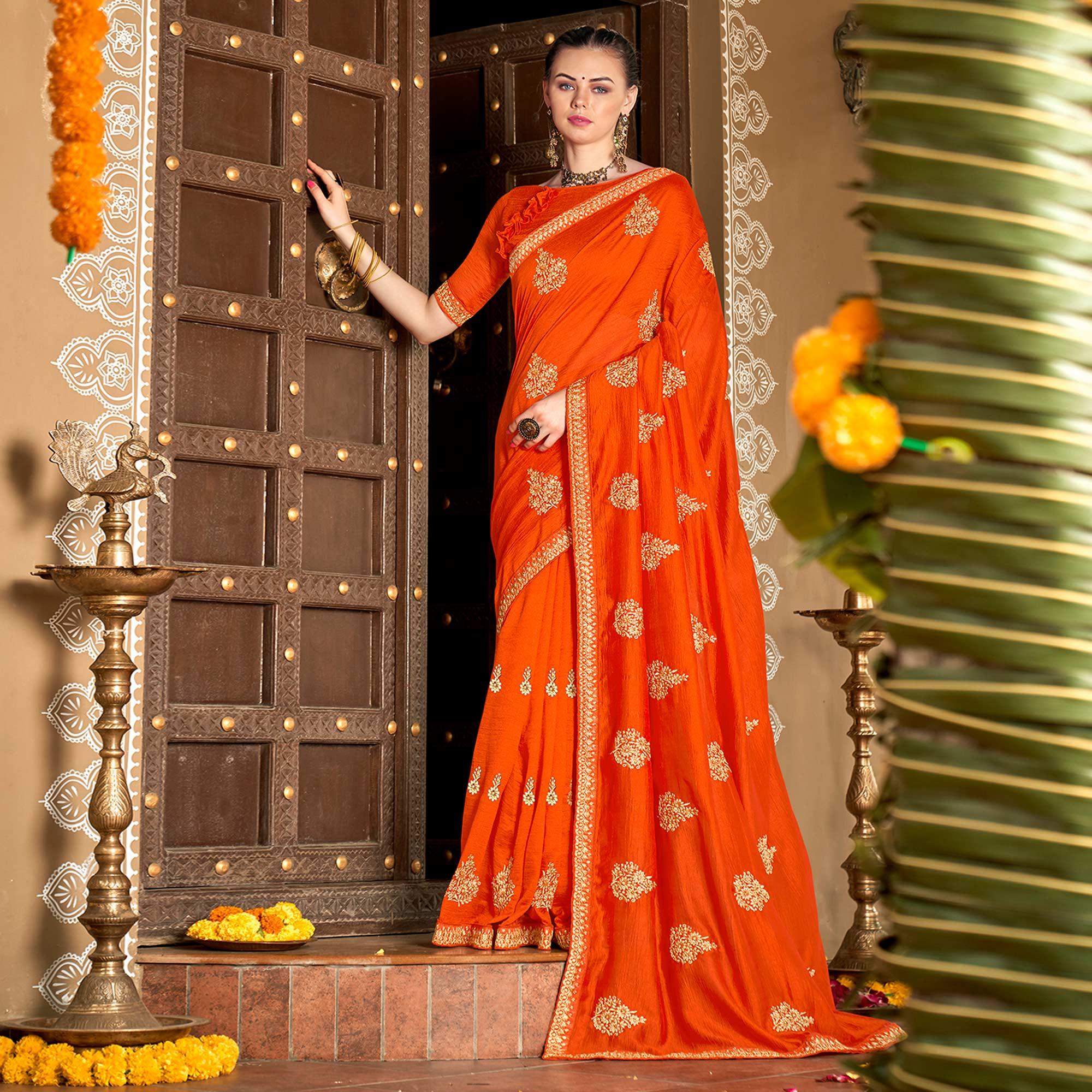 Orange Floral Embroidered Vichitra Silk Saree - Peachmode