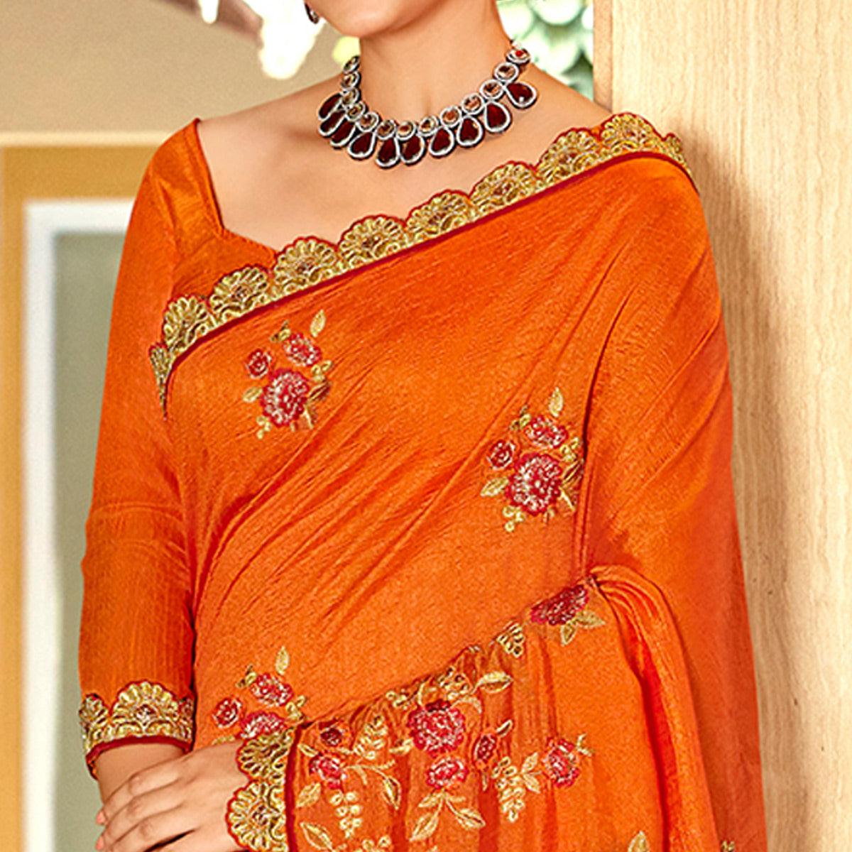 Orange Floral Embroidered Vichitra Silk Saree - Peachmode
