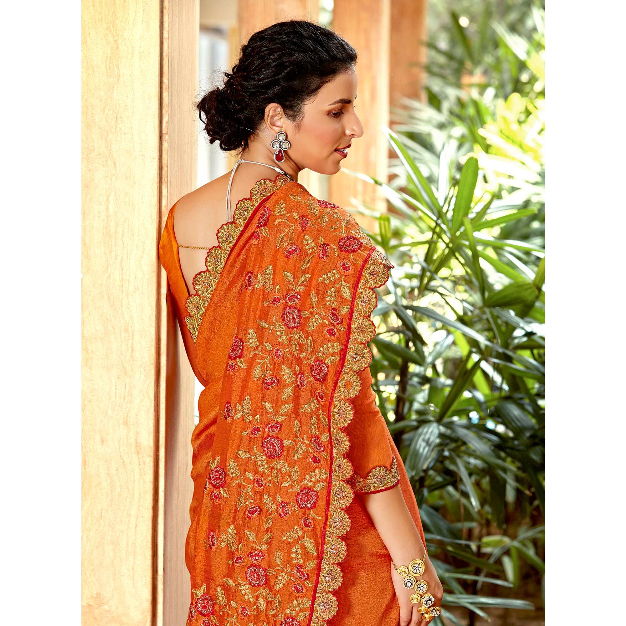 Orange Floral Embroidered Vichitra Silk Saree - Peachmode