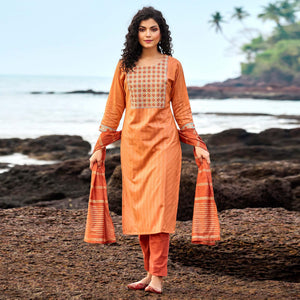 Orange Floral Embroidered With Stripe Printed Cotton Kurti Pant Set - Peachmode