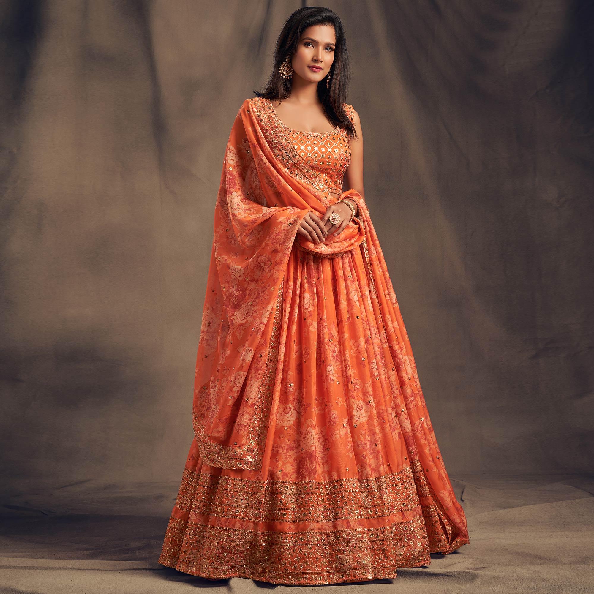 Orange Floral Print With Sequin Zari Embroidered Organza Lehenga Choli - Peachmode
