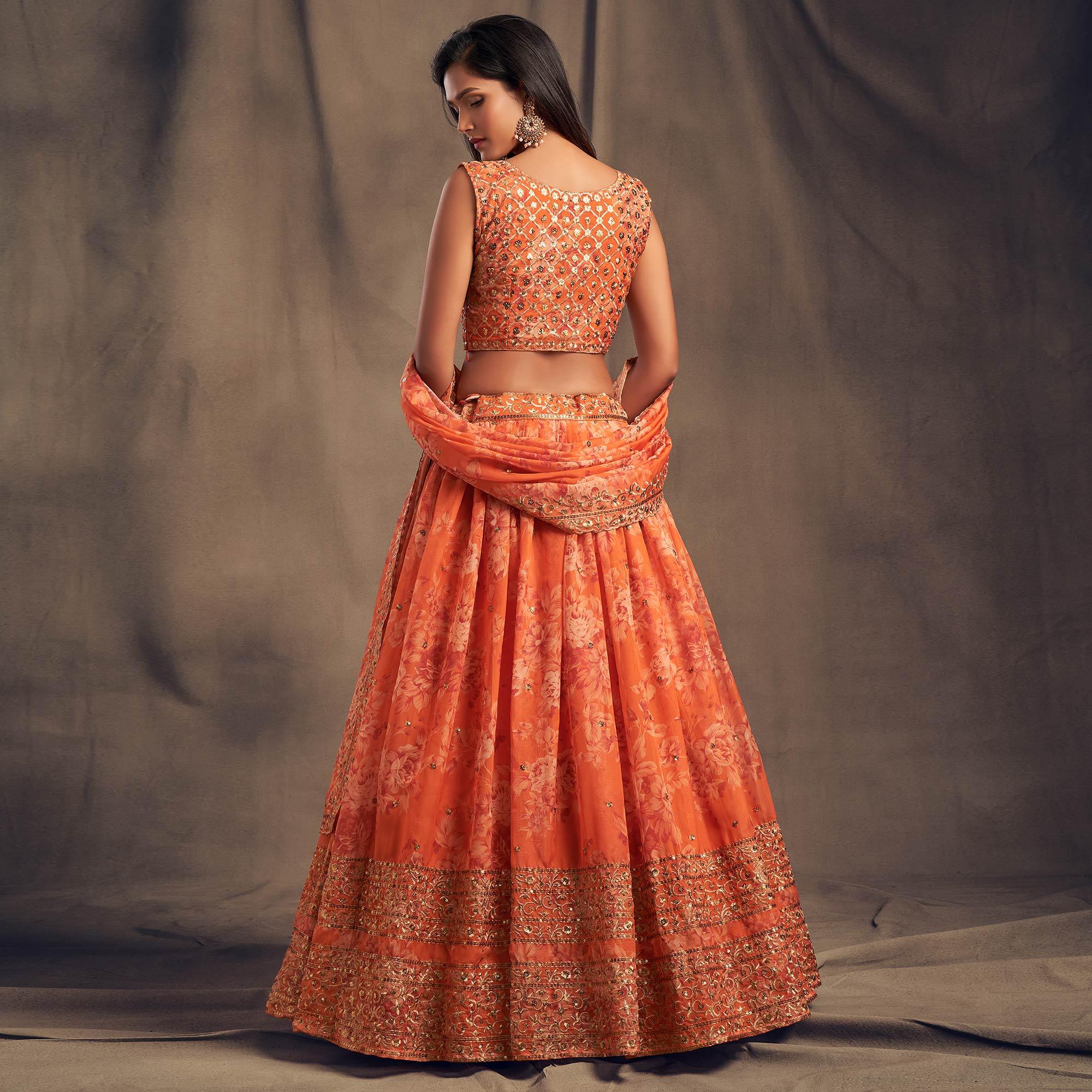 Orange Floral Print With Sequin Zari Embroidered Organza Lehenga Choli - Peachmode