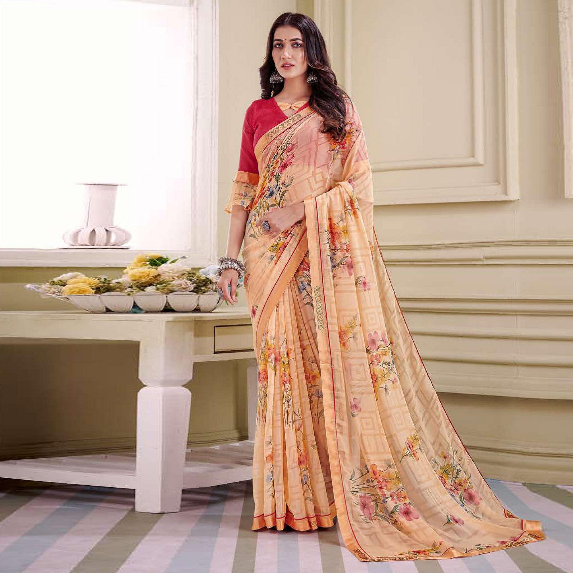 Orange Floral Printed Brasso Saree - Peachmode