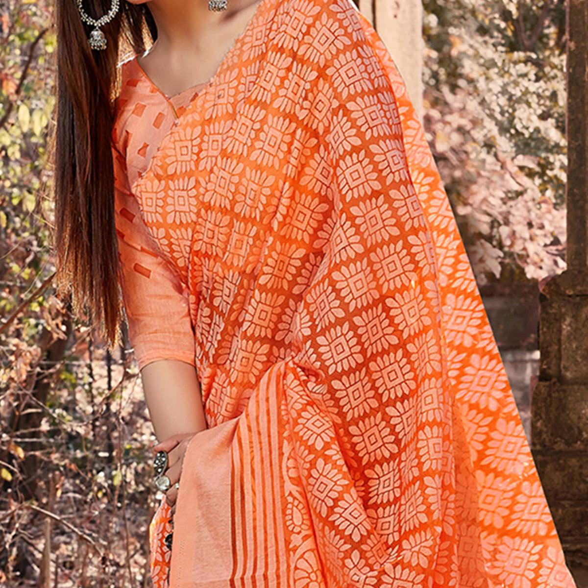 Orange Floral Printed Brasso Saree - Peachmode
