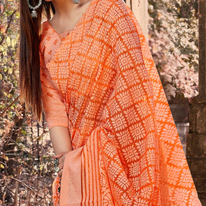 Orange Floral Printed Brasso Saree - Peachmode