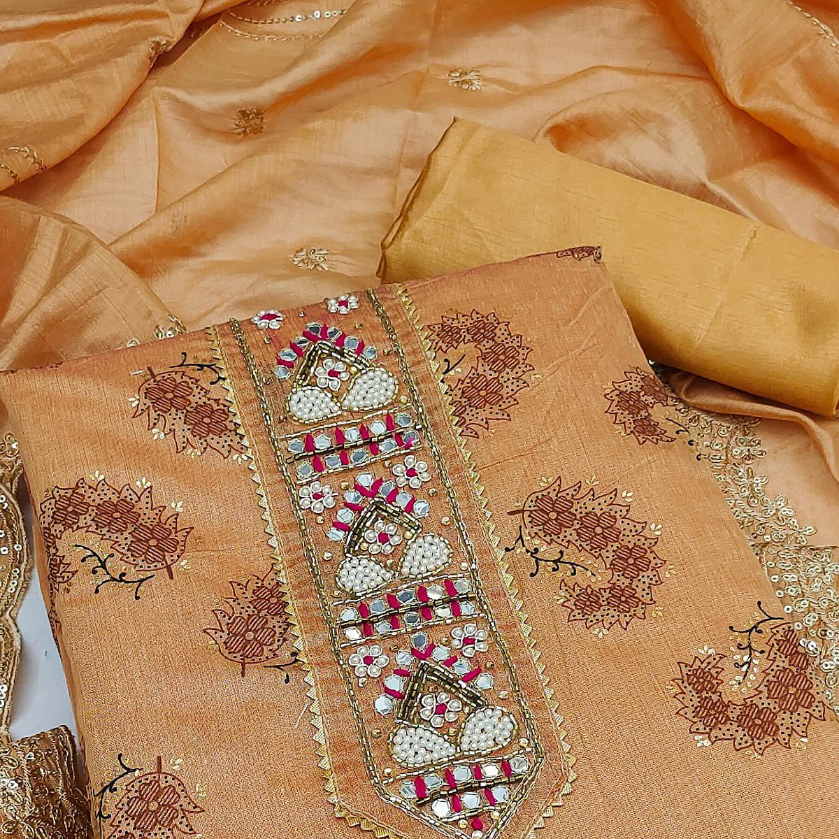 Orange Floral Printed Chanderi Dress Material - Peachmode