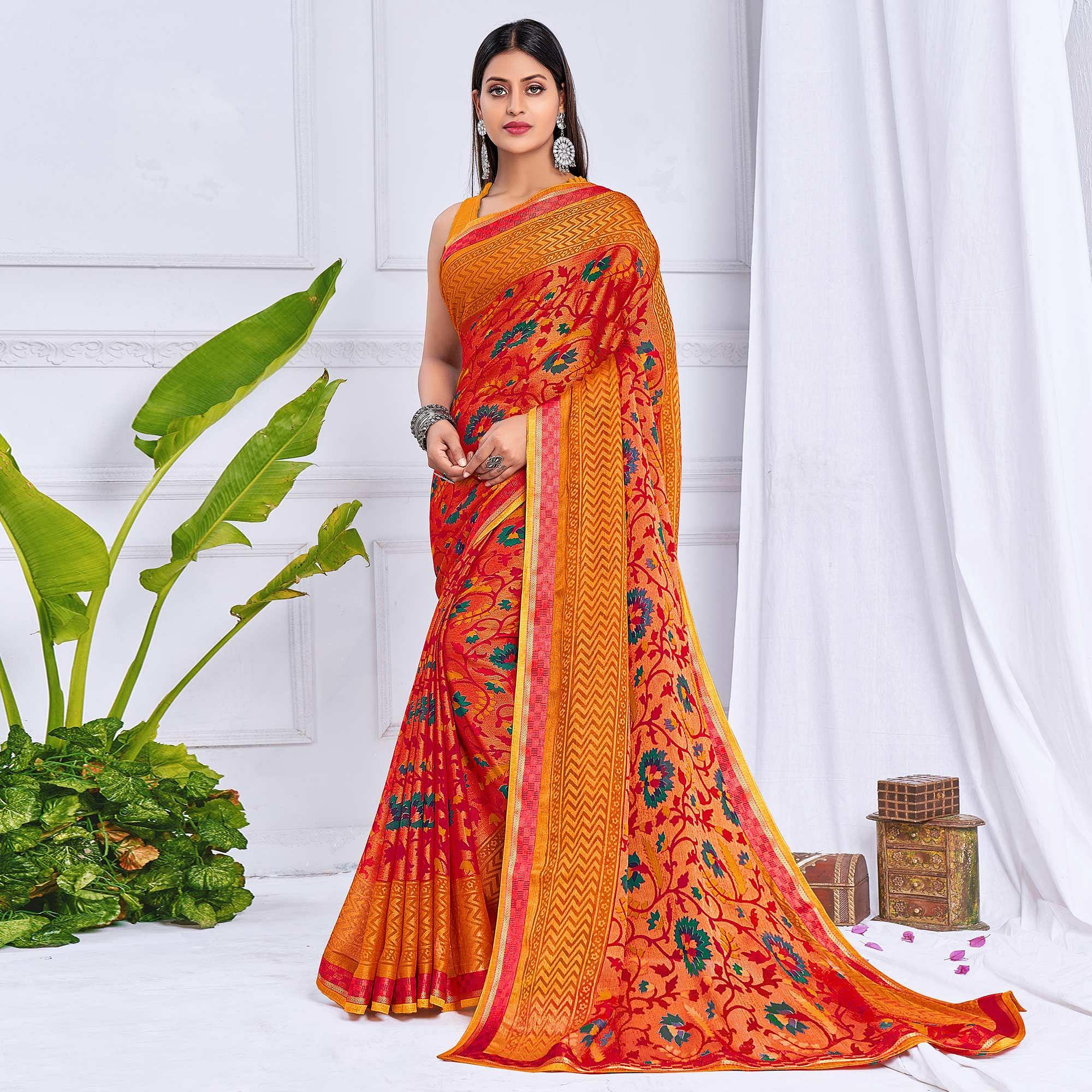 Orange Floral Printed Chiffon Saree - Peachmode