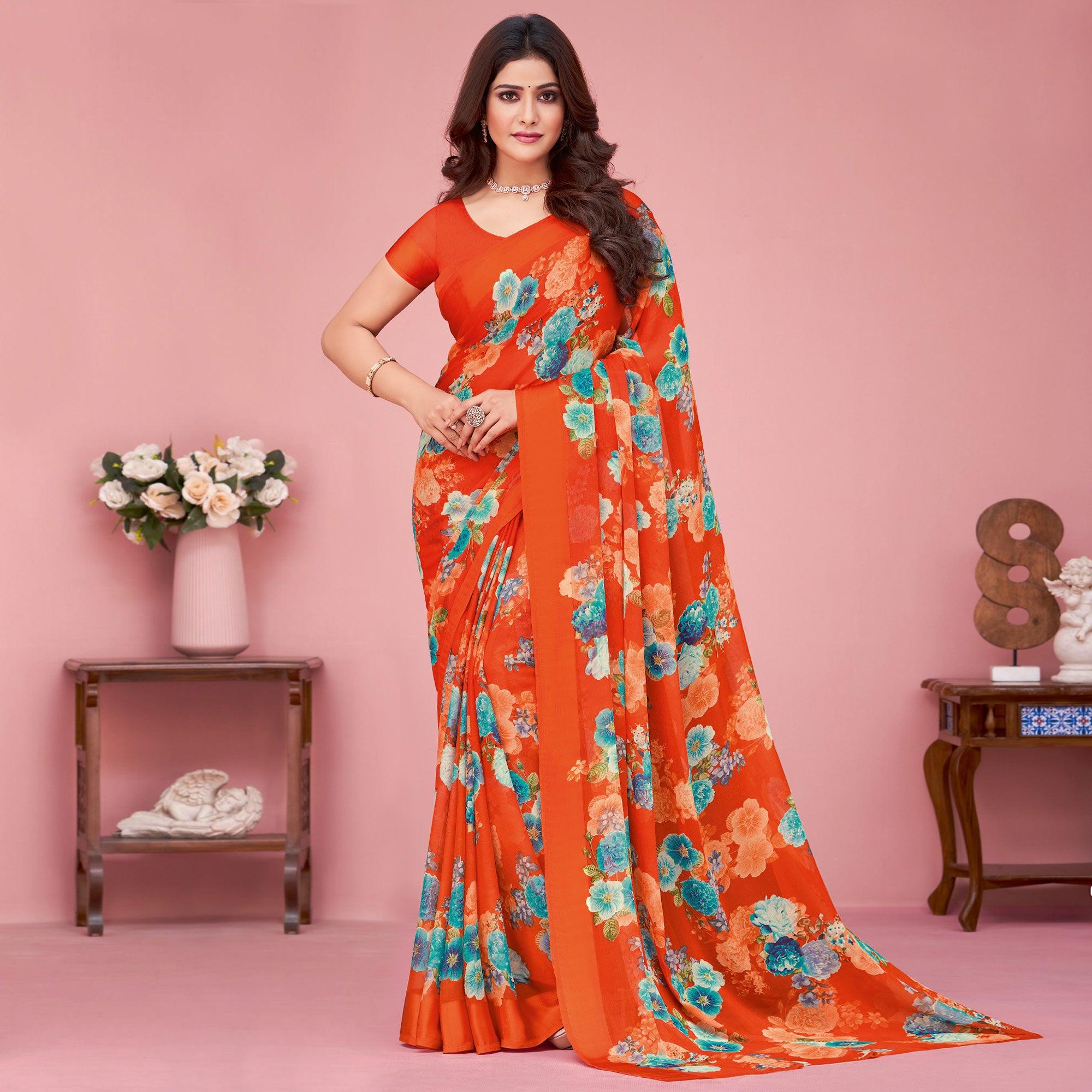 Orange Floral Printed Chiffon Saree - Peachmode