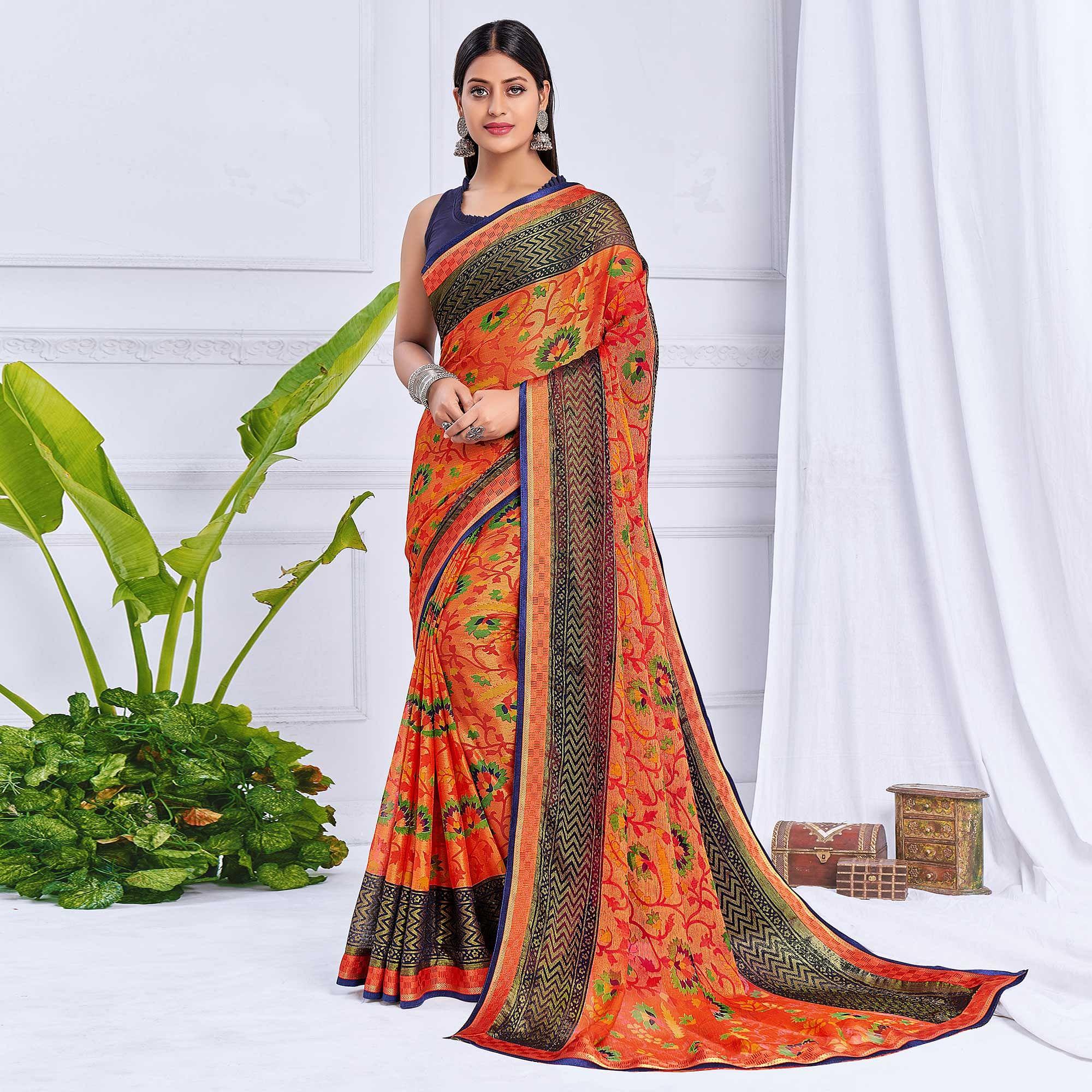 Orange Floral Printed Chiffon Saree - Peachmode