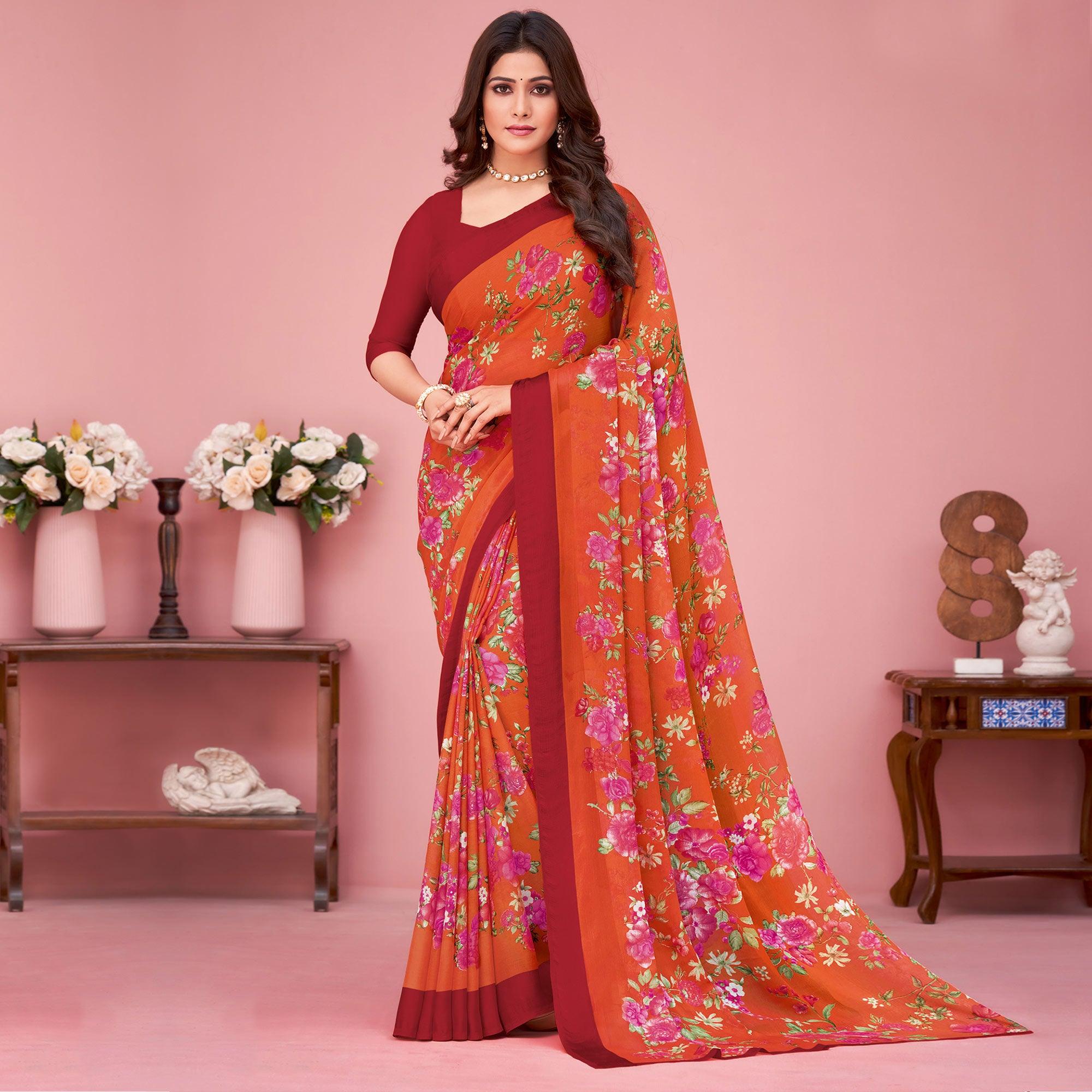 Orange Floral Printed Chiffon Saree - Peachmode