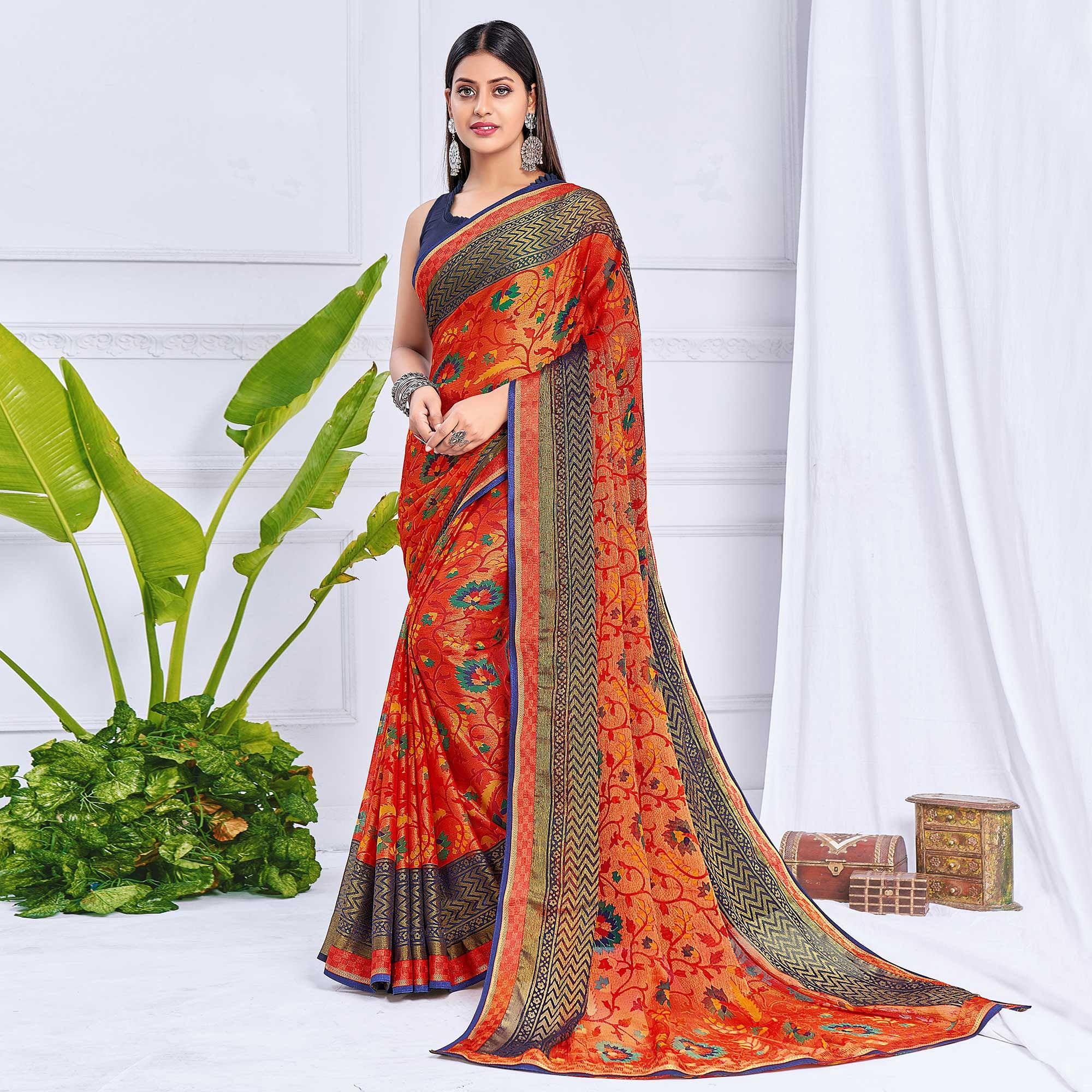 Orange Floral Printed Chiffon Saree - Peachmode