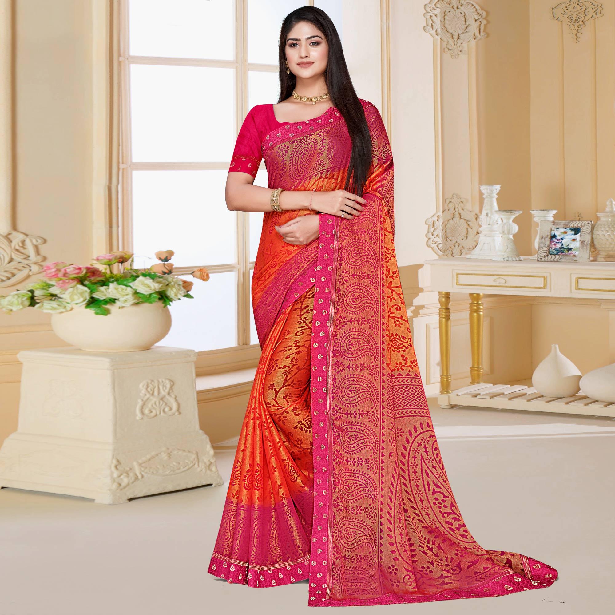 Orange Floral Printed Chiffon Saree - Peachmode