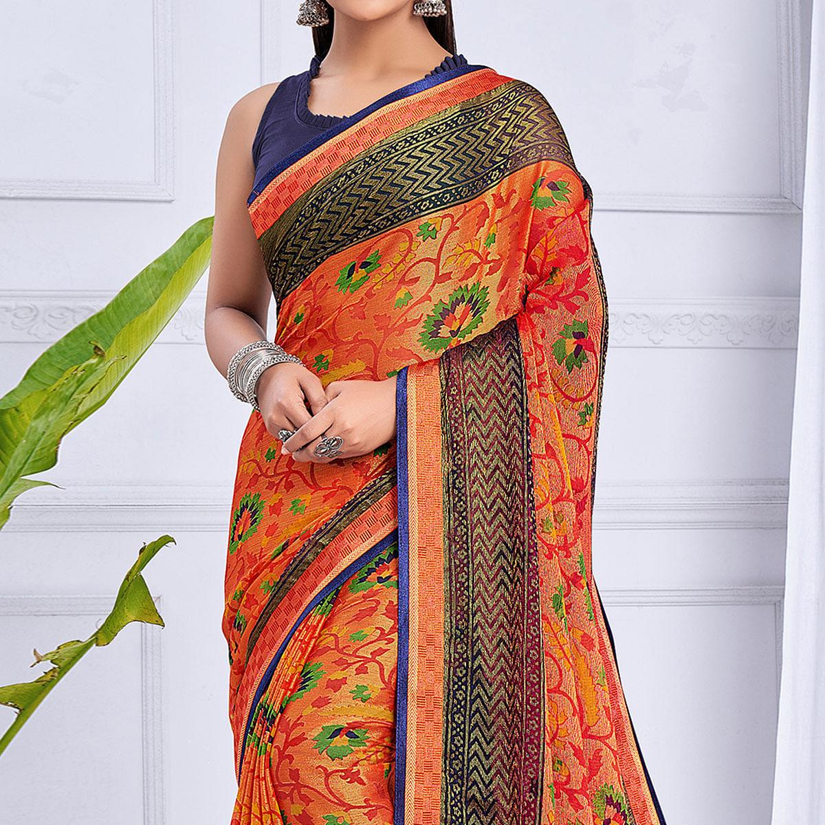 Orange Floral Printed Chiffon Saree - Peachmode