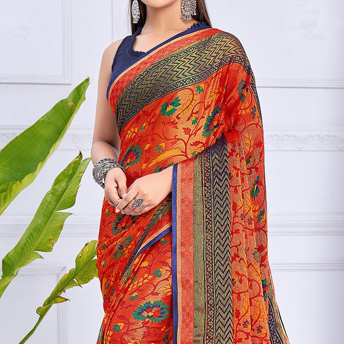 Orange Floral Printed Chiffon Saree - Peachmode