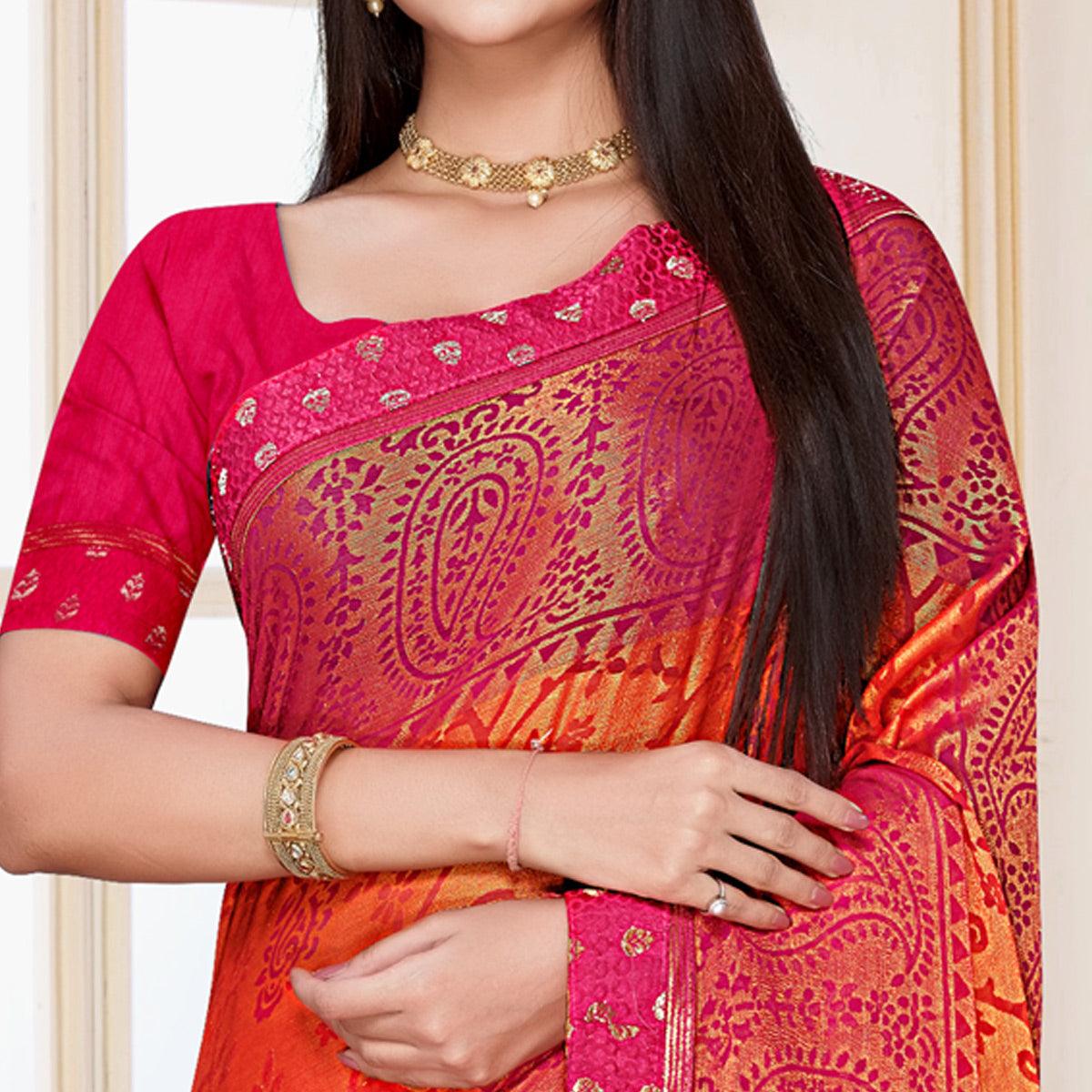 Orange Floral Printed Chiffon Saree - Peachmode
