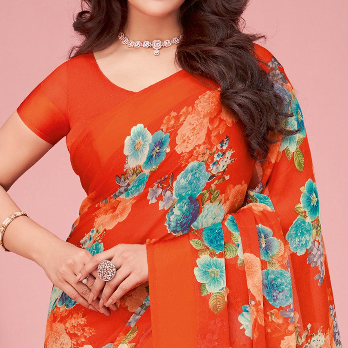 Orange Floral Printed Chiffon Saree - Peachmode