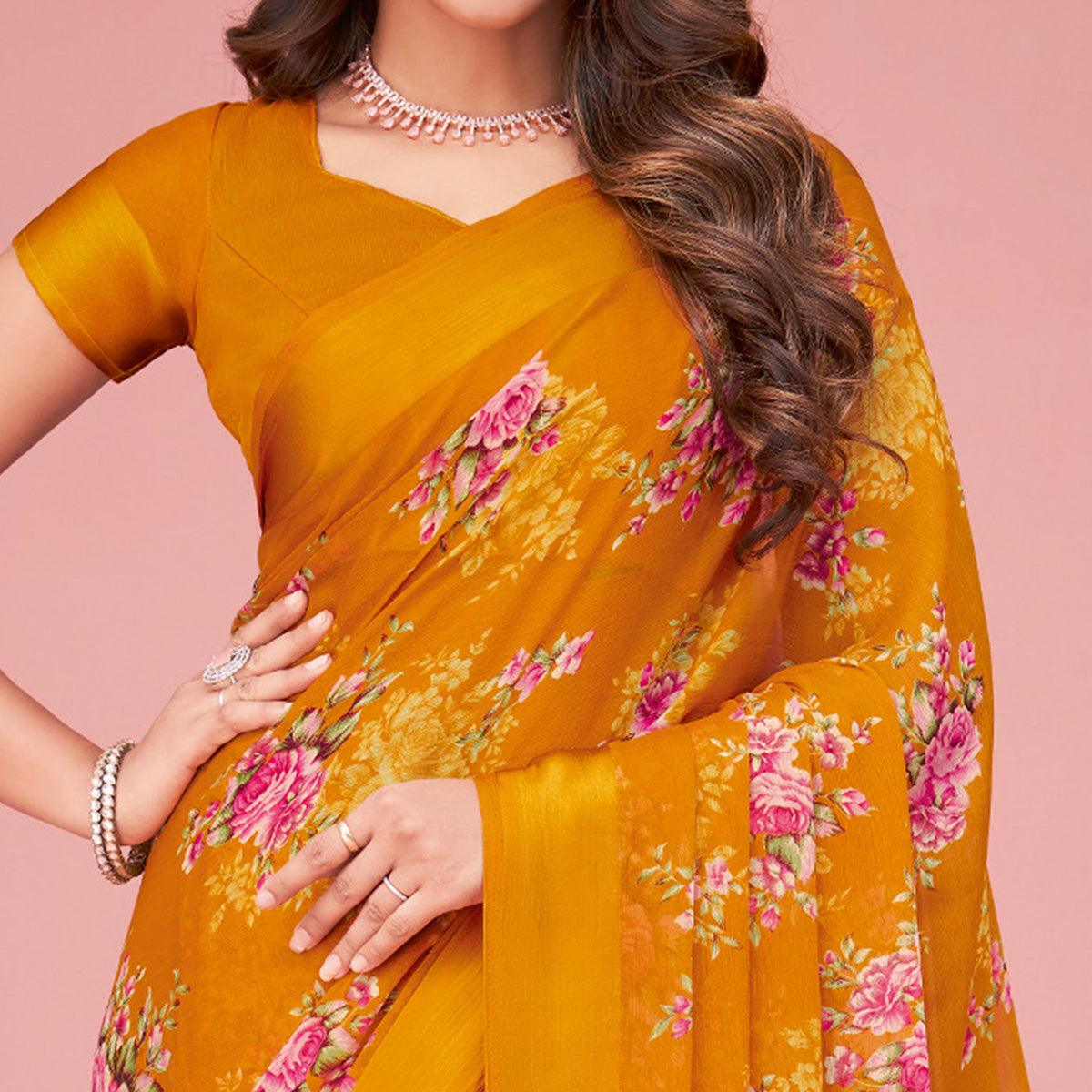 Orange Floral Printed Chiffon Saree - Peachmode