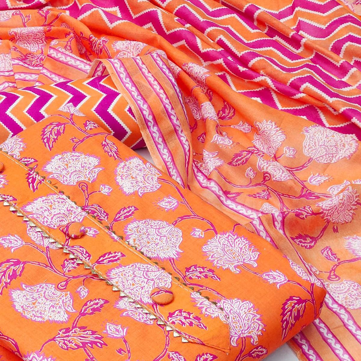 Orange Floral Printed Cotton Blend Dress Material - Peachmode