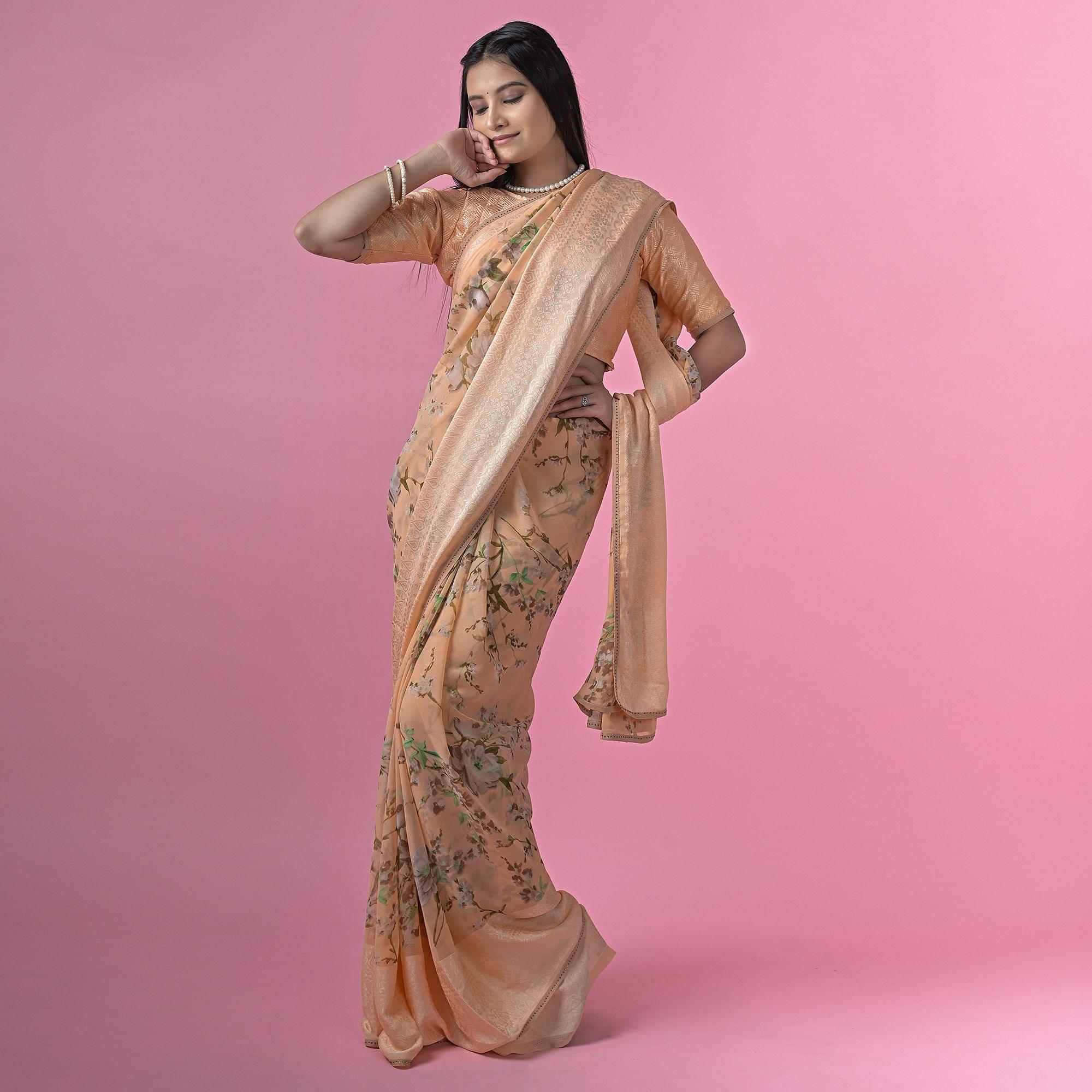 Orange Floral Printed Georgette Saree - Peachmode