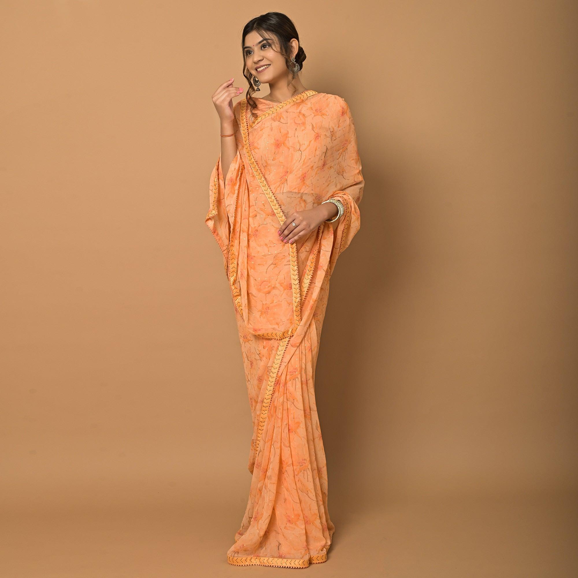 Orange Floral Printed Georgette Saree - Peachmode