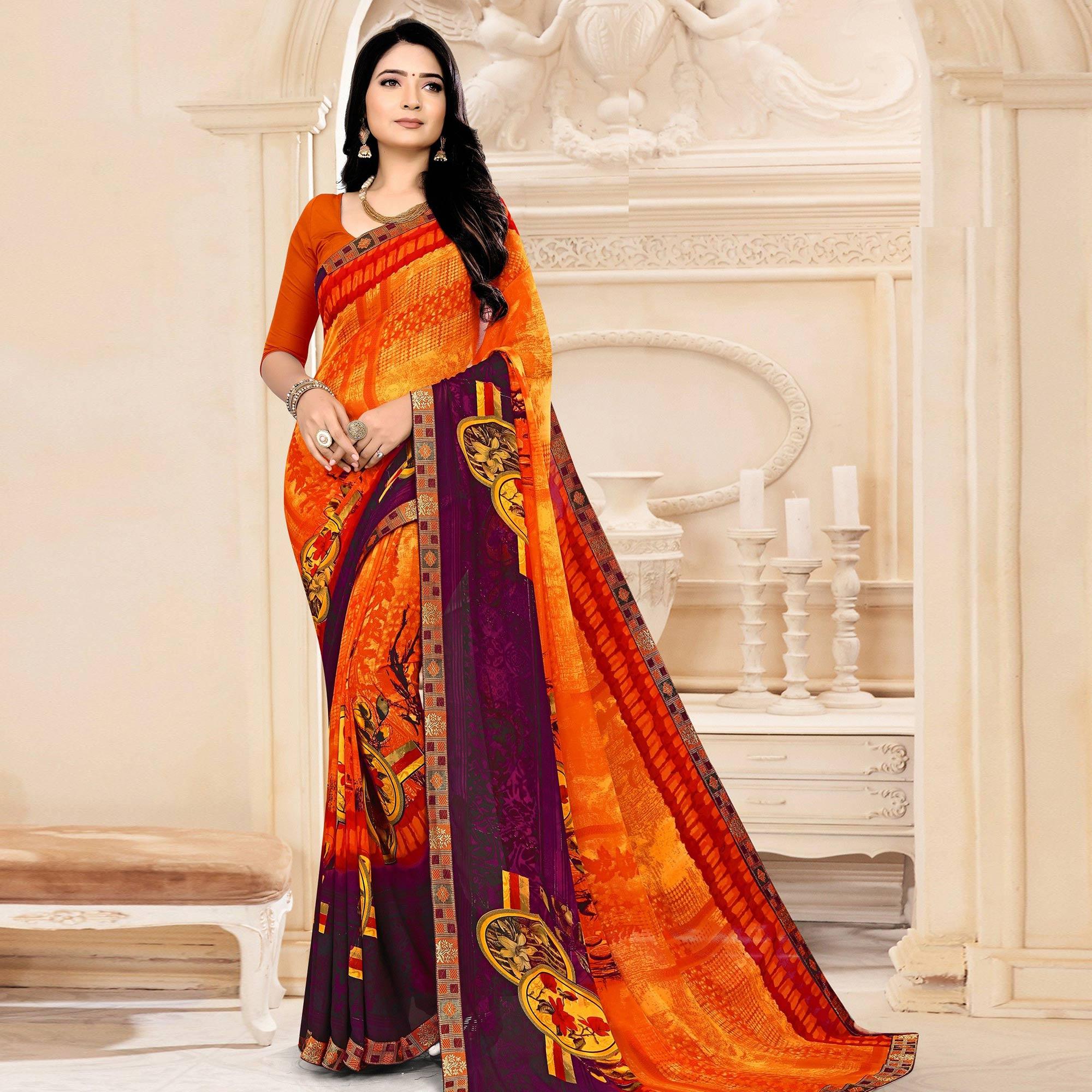 Orange Floral Printed Georgette Saree - Peachmode