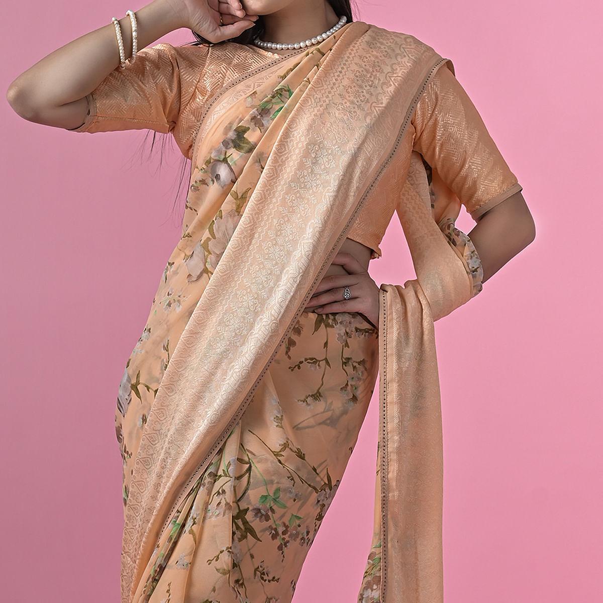Orange Floral Printed Georgette Saree - Peachmode