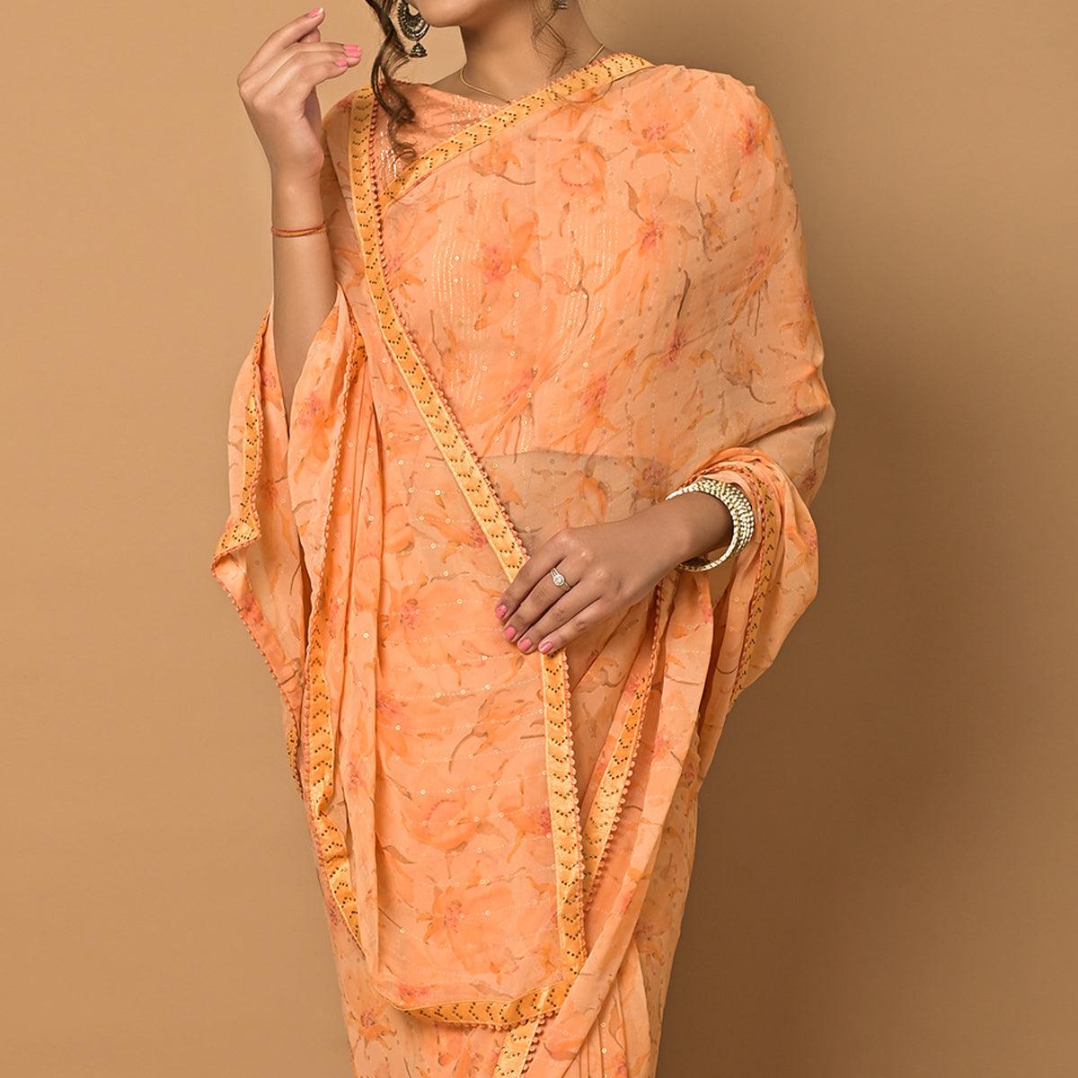 Orange Floral Printed Georgette Saree - Peachmode